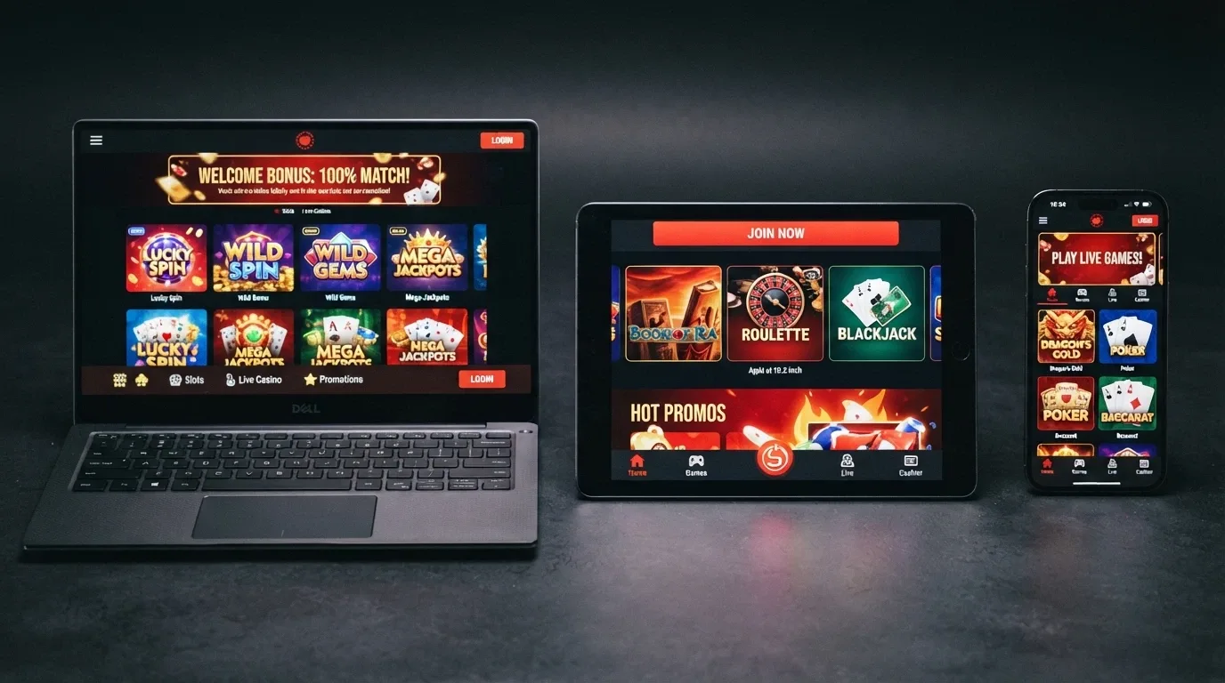 Tre schermi di dispositivi diversi affiancati, ciascuno con la homepage di un diverso casinò crypto (BitStarz, 7Bit, Crashino), con il logo DOGE visibile nelle sezioni di pagamento