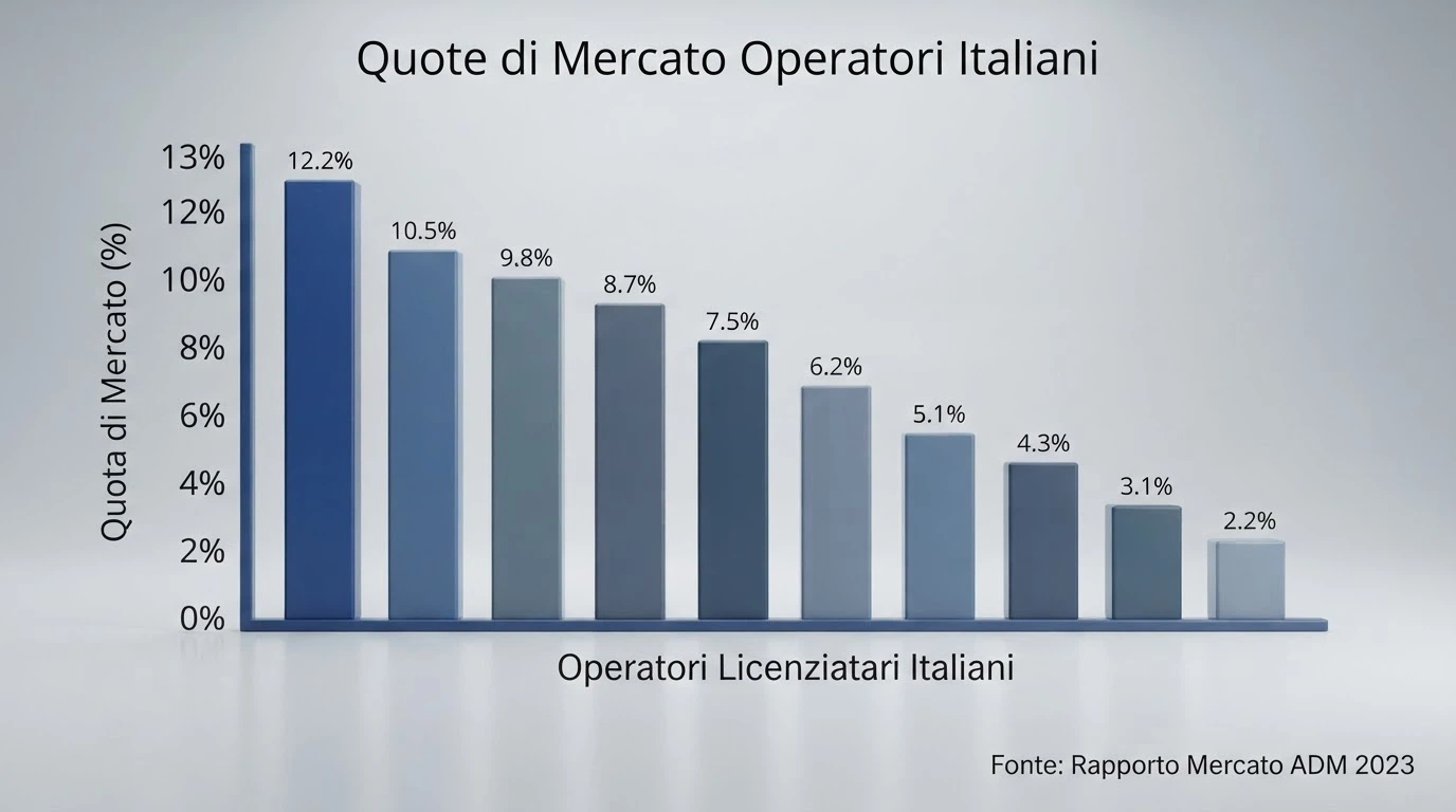 Una tabella stilizzata con dieci righe e colonne che riportano concessione, quota di mercato e fatturato, su sfondo neutro