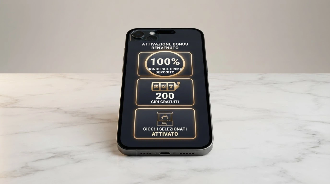 La schermata di attivazione di un bonus di benvenuto con i tre elementi evidenziati: il match del 100%, il contatore dei 200 giri gratuiti e il credito Bonus Crab