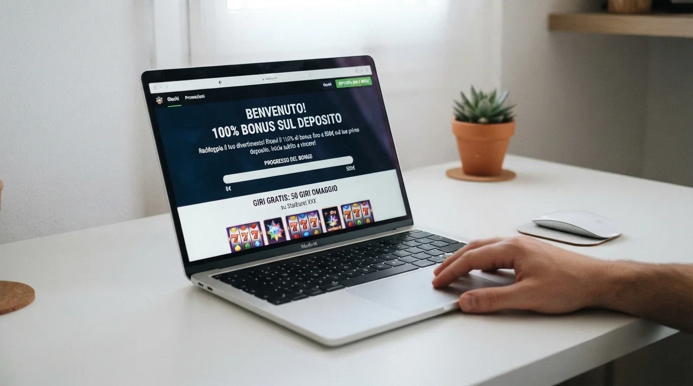 Schermata di un casinò online che mostra un pacchetto di benvenuto con percentuale di match sul primo deposito e giri gratuiti