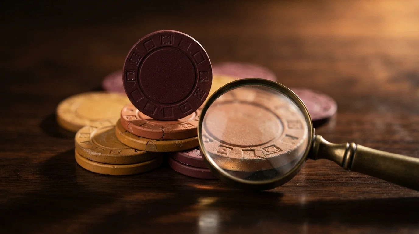 Una pila di fiches da casinò con il simbolo del Bitcoin, alcune in primo piano lucide e altre sullo sfondo opache e incrinate, sotto una lente di ingrandimento che ne rivela le condizioni in piccolo