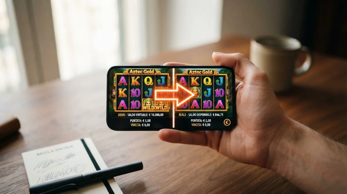 Freccia che collega l'interfaccia demo di una slot alla stessa slot in modalità soldi veri con bankroll definito