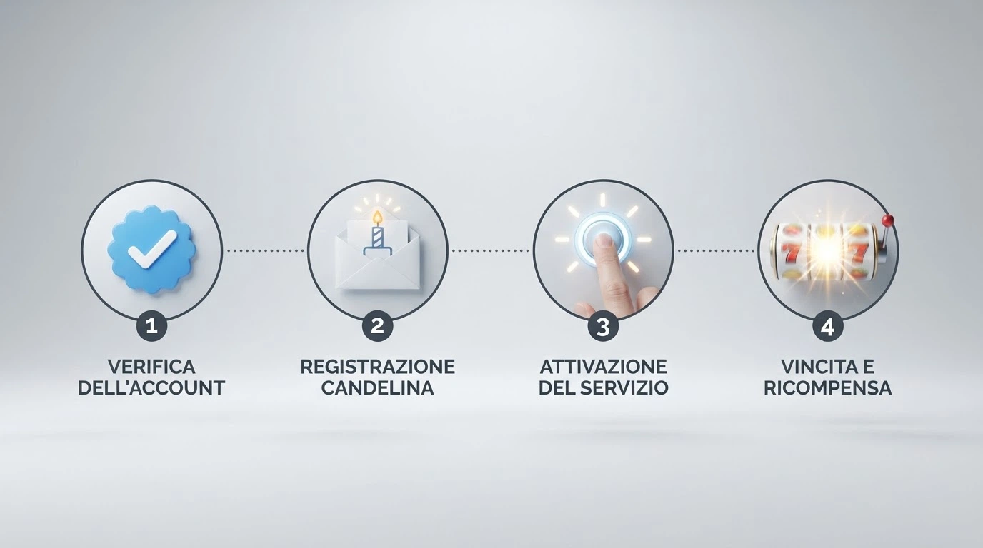 Una sequenza visiva di quattro passaggi: conto gioco verificato, notifica di compleanno, attivazione del bonus, giro sulla slot