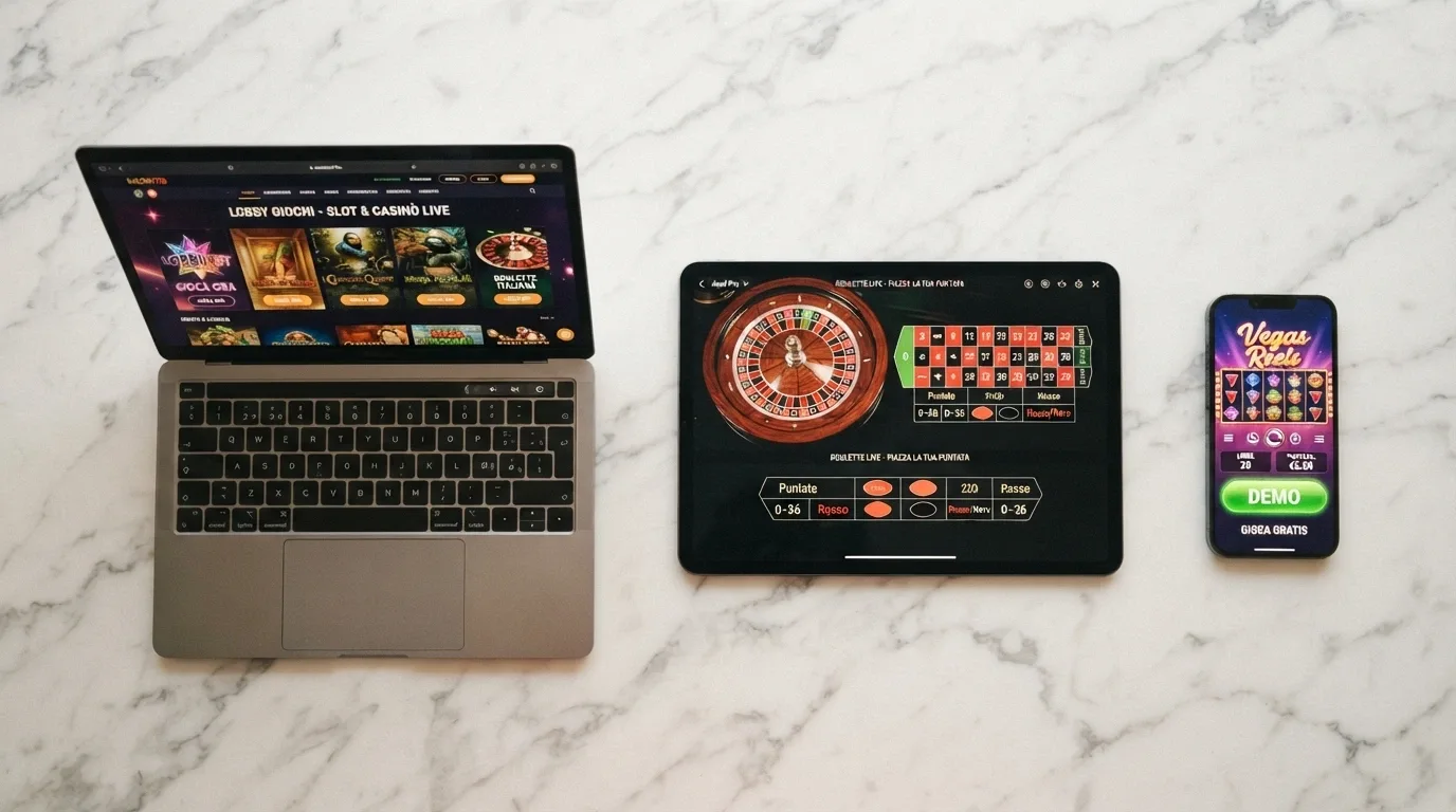 Tre interfacce di casinò ADM affiancate su desktop, tablet e smartphone in modalità demo