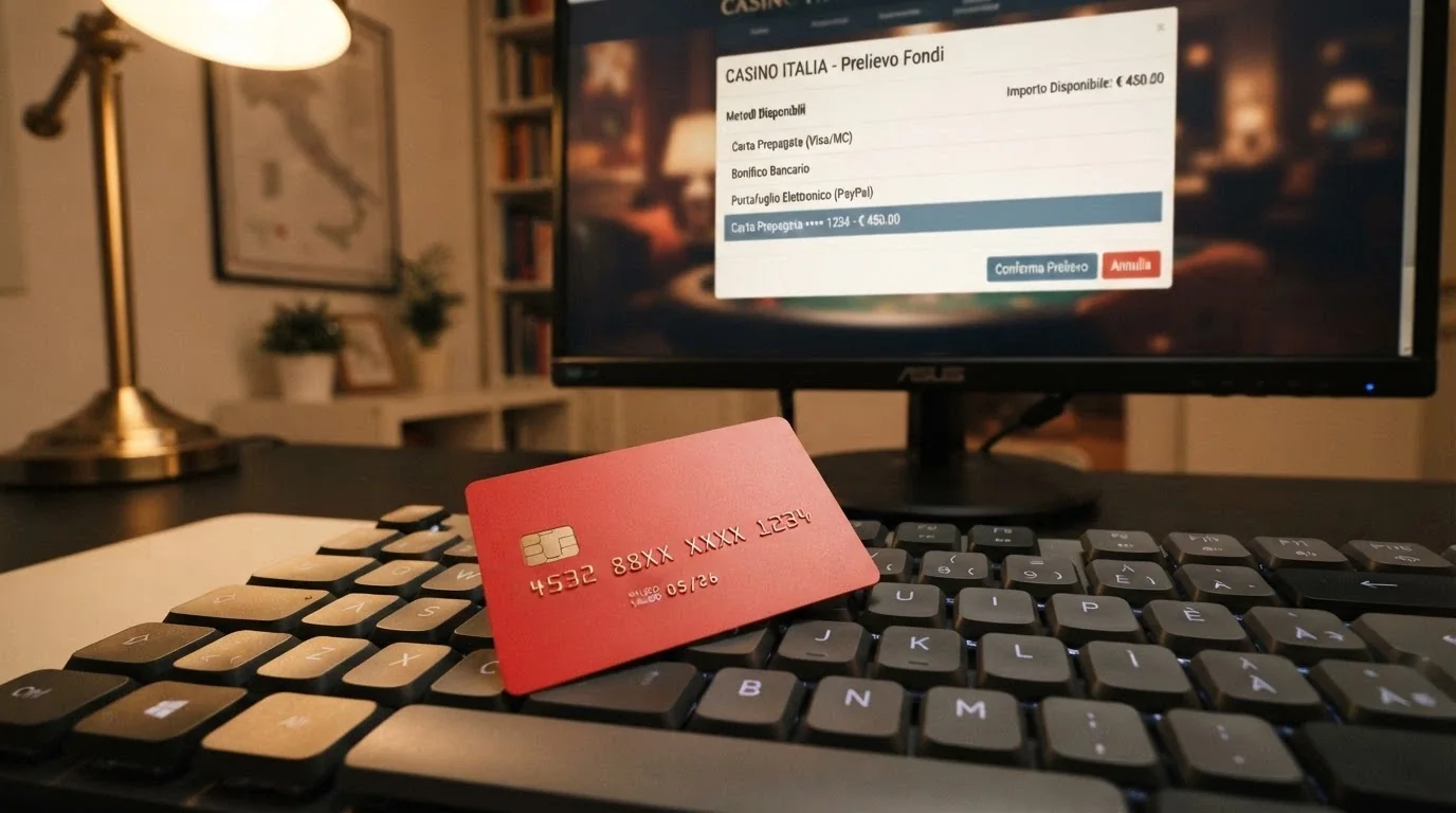 Una carta PostePay Evolution appoggiata su una tastiera, con lo schermo che mostra il pannello di prelievo di un casinò ADM