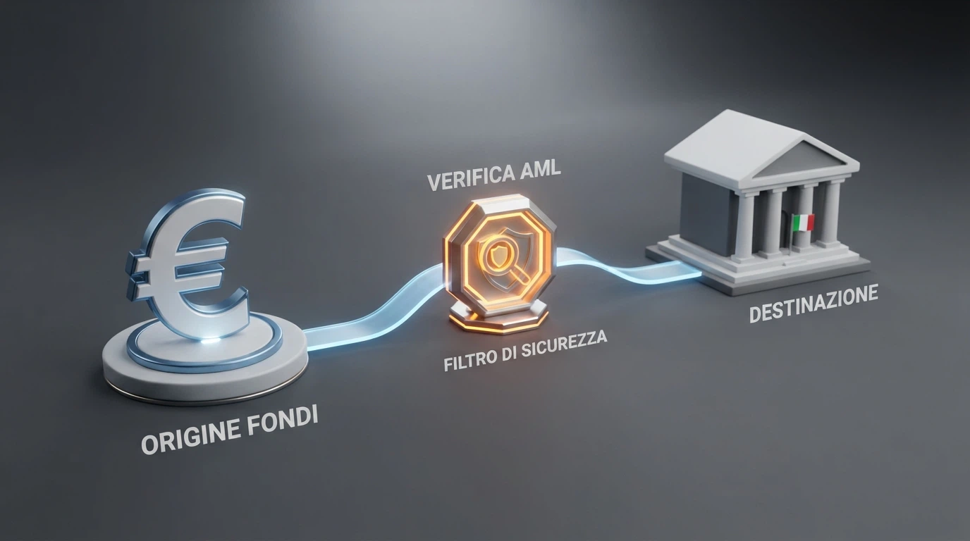 Flusso visivo che mostra il percorso di un bonifico da operatore non ADM a conto corrente italiano, con il passaggio di segnalazione AML evidenziato