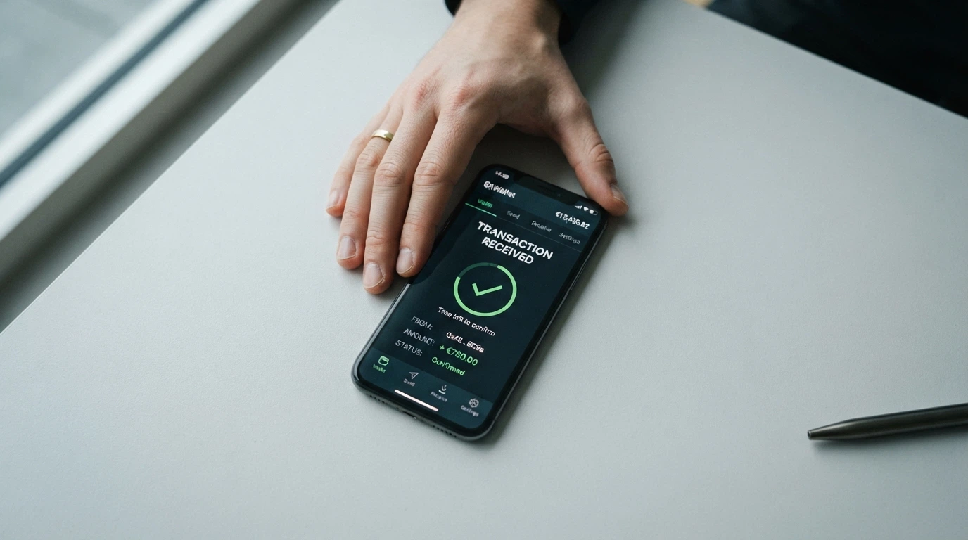 Schermata di un wallet crypto con transazione USDT in entrata e timer di conferma
