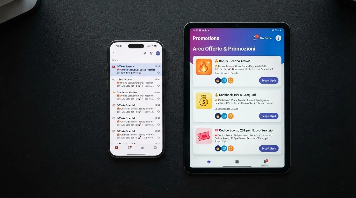Uno smartphone che mostra la casella email con una comunicazione promozionale personalizzata da un casinò ADM, affiancato all'area promozioni dell'account di gioco