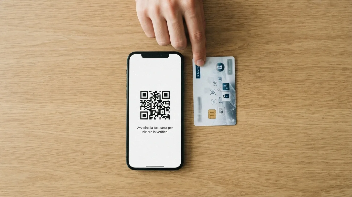 sequenza su schermo di uno smartphone: app CieID, scansione QR code, avvicinamento della CIE al telefono per NFC