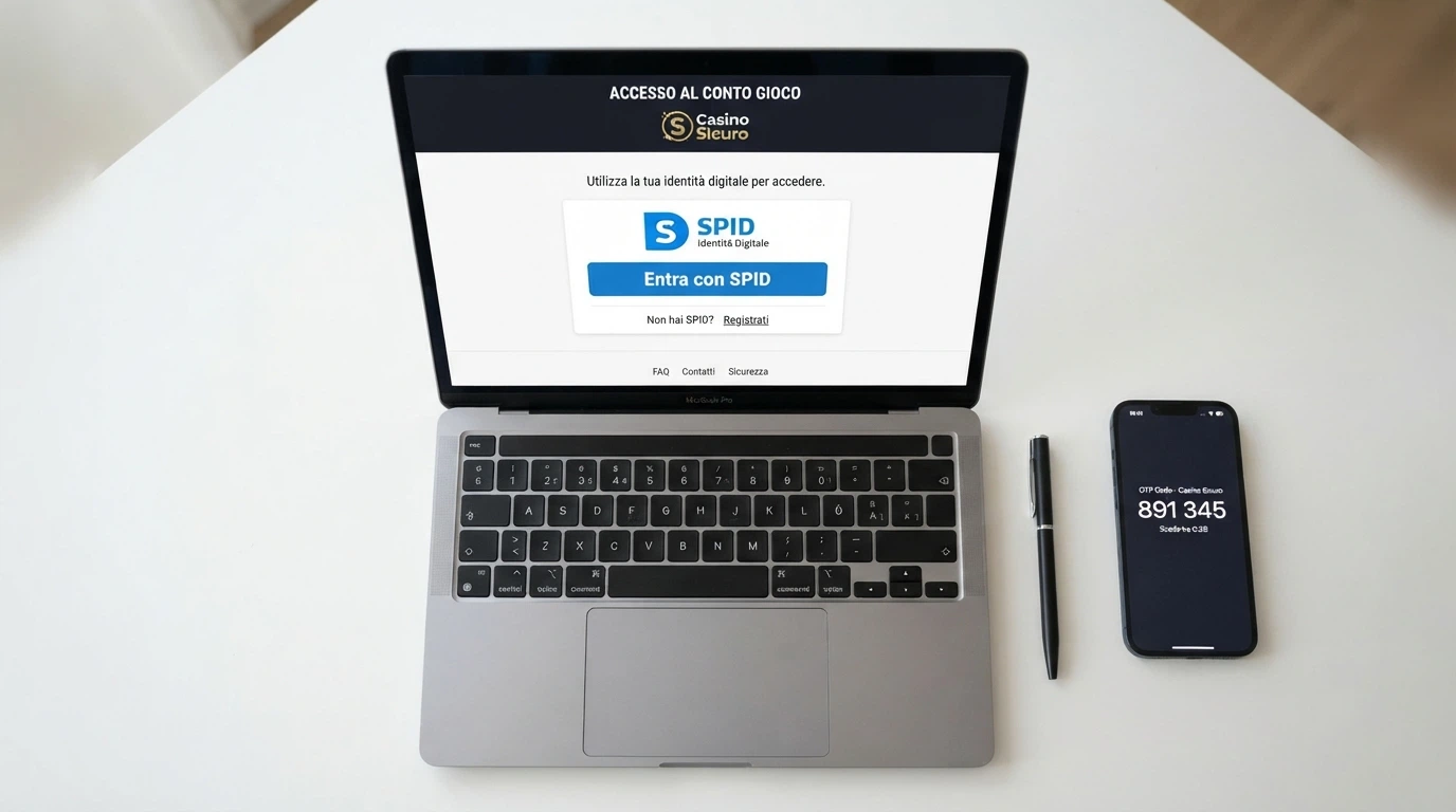 La schermata di accesso a un casinò online ADM con il pulsante «Entra con SPID» in evidenza e, a lato, lo smartphone che mostra l'app del provider SPID con il codice OTP generato