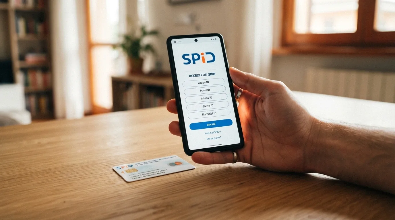 Una mano che avvicina un telefono a uno schermo, sullo schermo l'interfaccia di login SPID, affiancata dalla carta d'identità elettronica