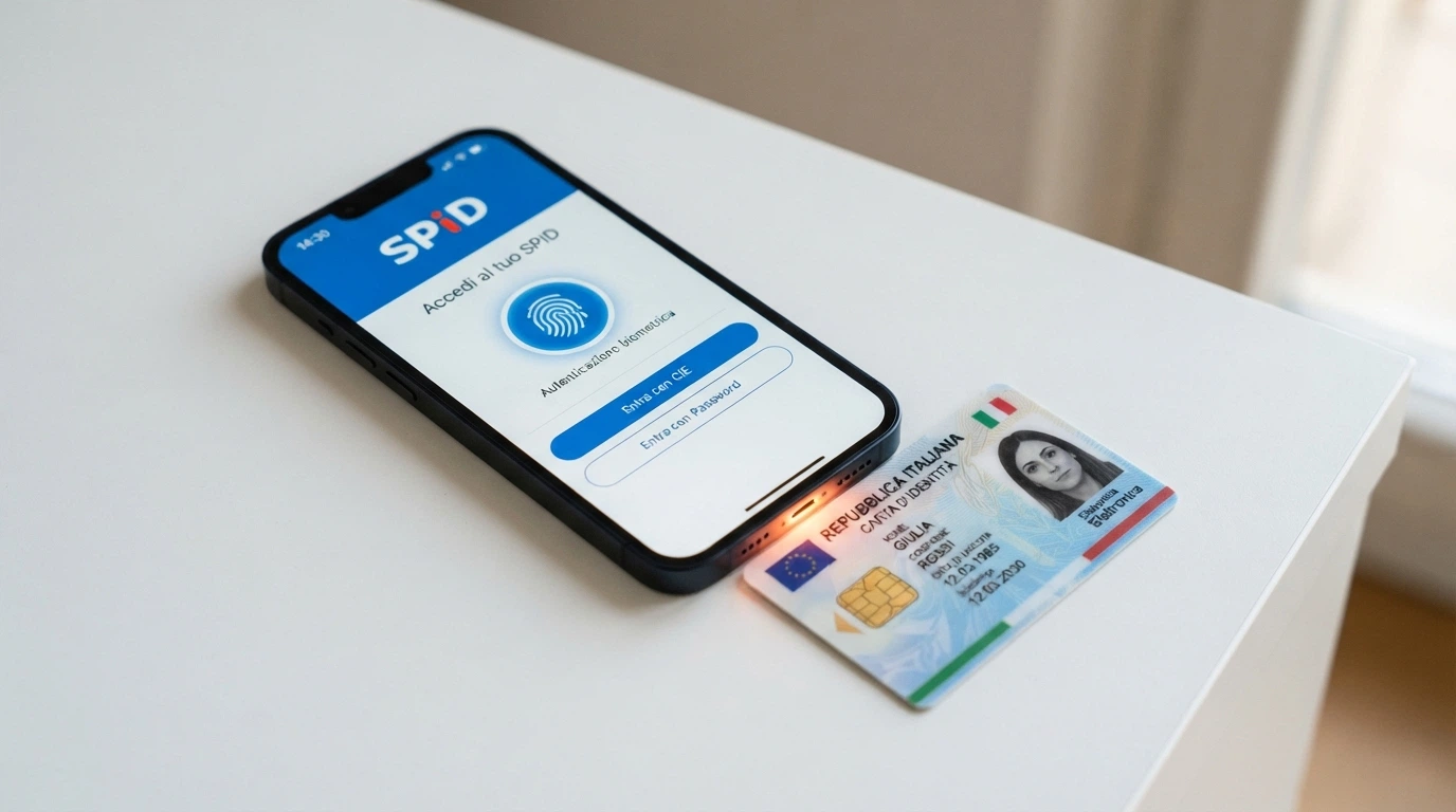 Un telefono che mostra la schermata di login SPID accanto a una Carta d'Identità Elettronica appoggiata su un tavolo, con un chip NFC che si illumina