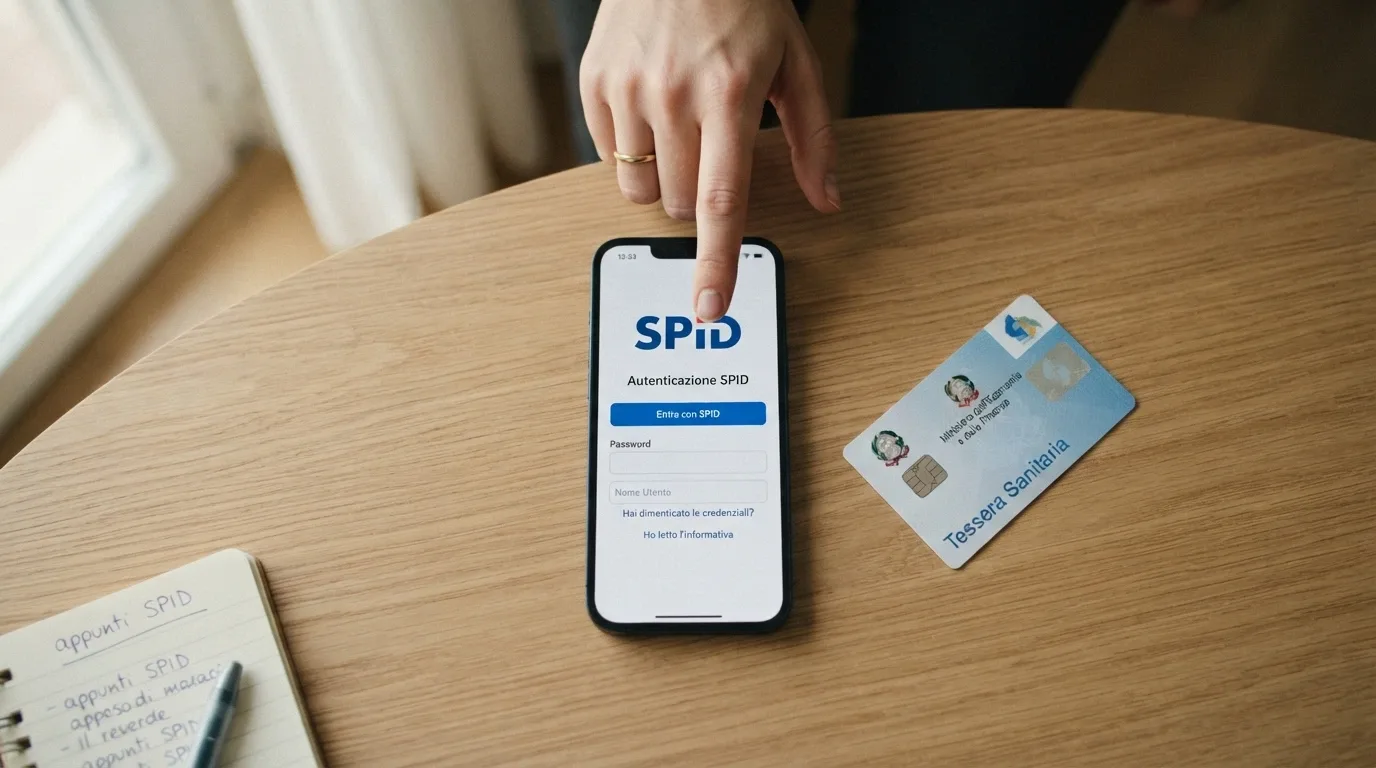 Smartphone con schermata di login SPID accanto a carta d'identità elettronica