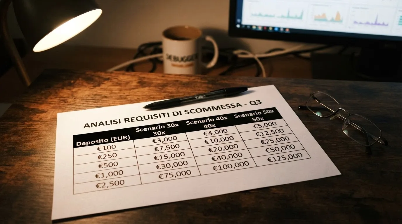 Un foglio di calcolo con tre scenari di wagering progressivo (30x, 40x, 50x) e i totali in euro