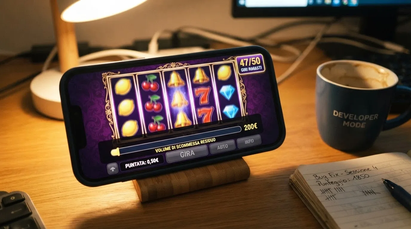 Una slot machine online in primo piano con il contatore dei giri in evidenza, sovrapposta a una barra di avanzamento che rappresenta il requisito di puntata ancora da completare