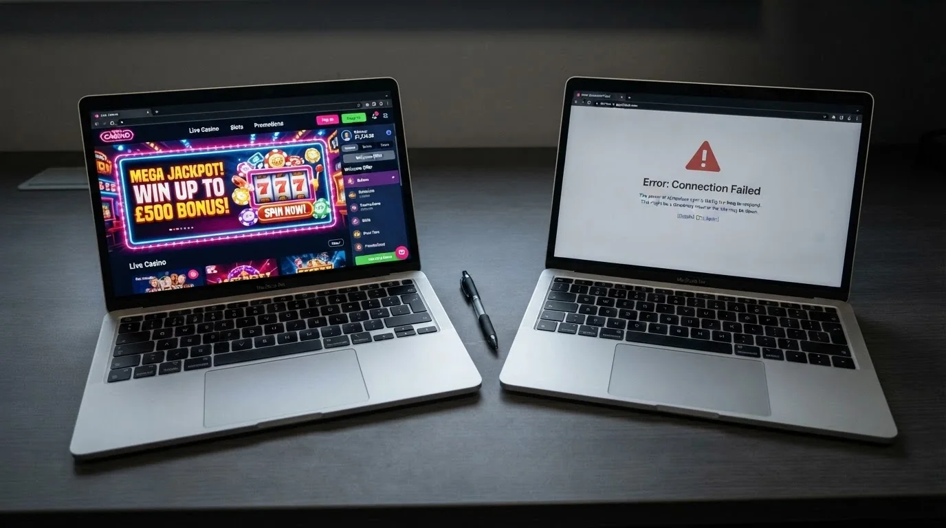 Due schermate affiancate: a sinistra un casinò con interfaccia anonima e bonus aggressivo, a destra un messaggio di blocco DNS dell'ADM