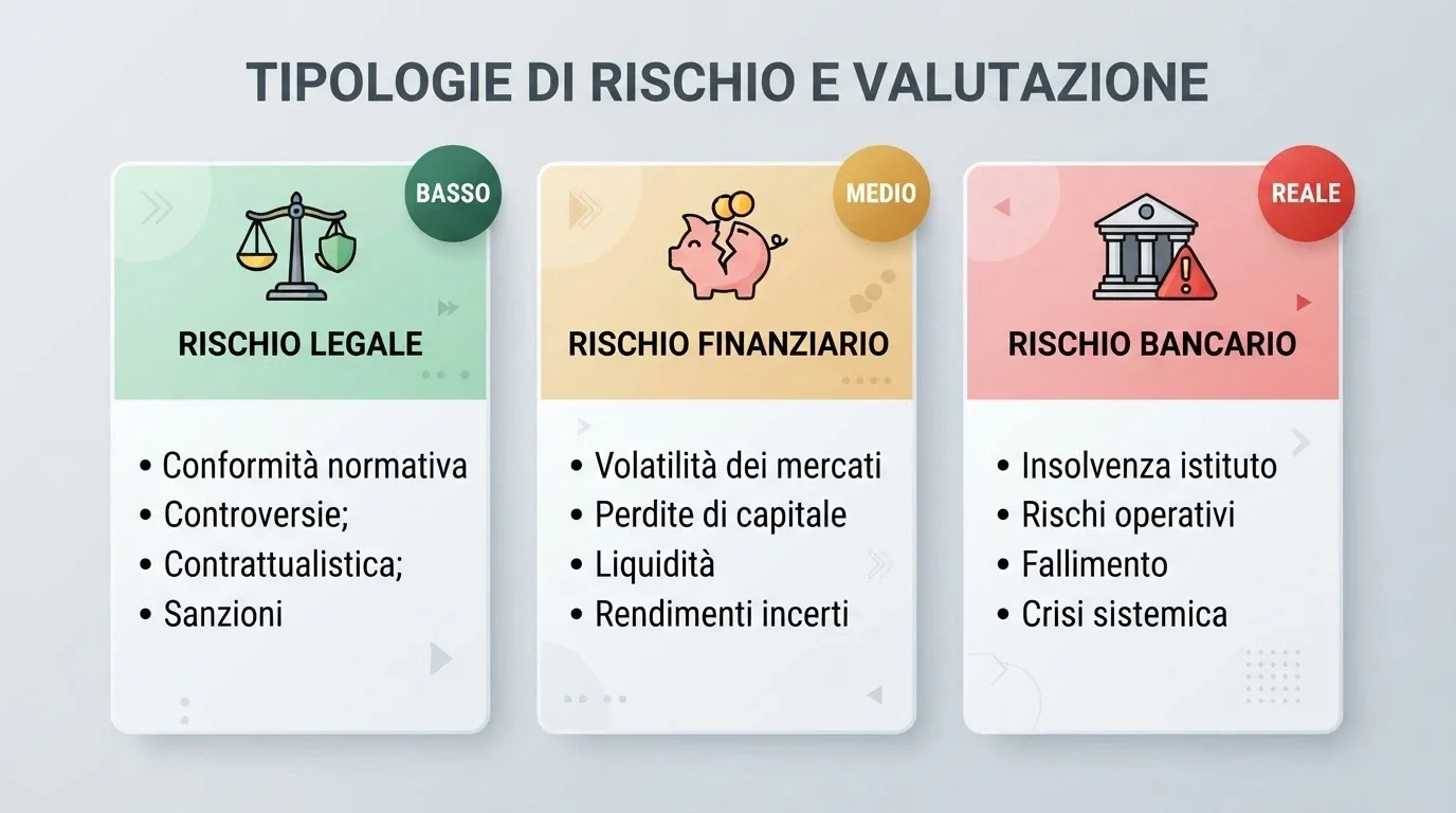 Infografica a tre colonne con icone: rischio legale (basso), rischio patrimoniale (medio), rischio bancario (reale)