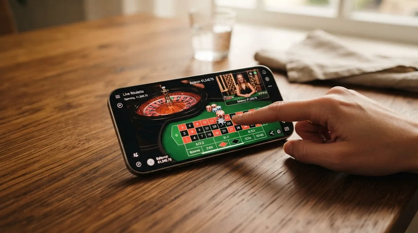 Uno smartphone in orizzontale che mostra un tavolo di roulette dal vivo in streaming HD, con le dita che toccano il pannello delle puntate