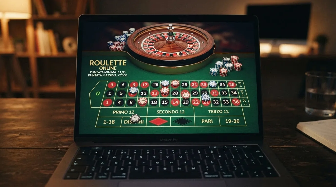 Un tavolo di roulette online in modalità RNG con le fiches colorate posizionate sui numeri singoli e il valore della puntata indicato a 0,10€ nell'interfaccia di gioco