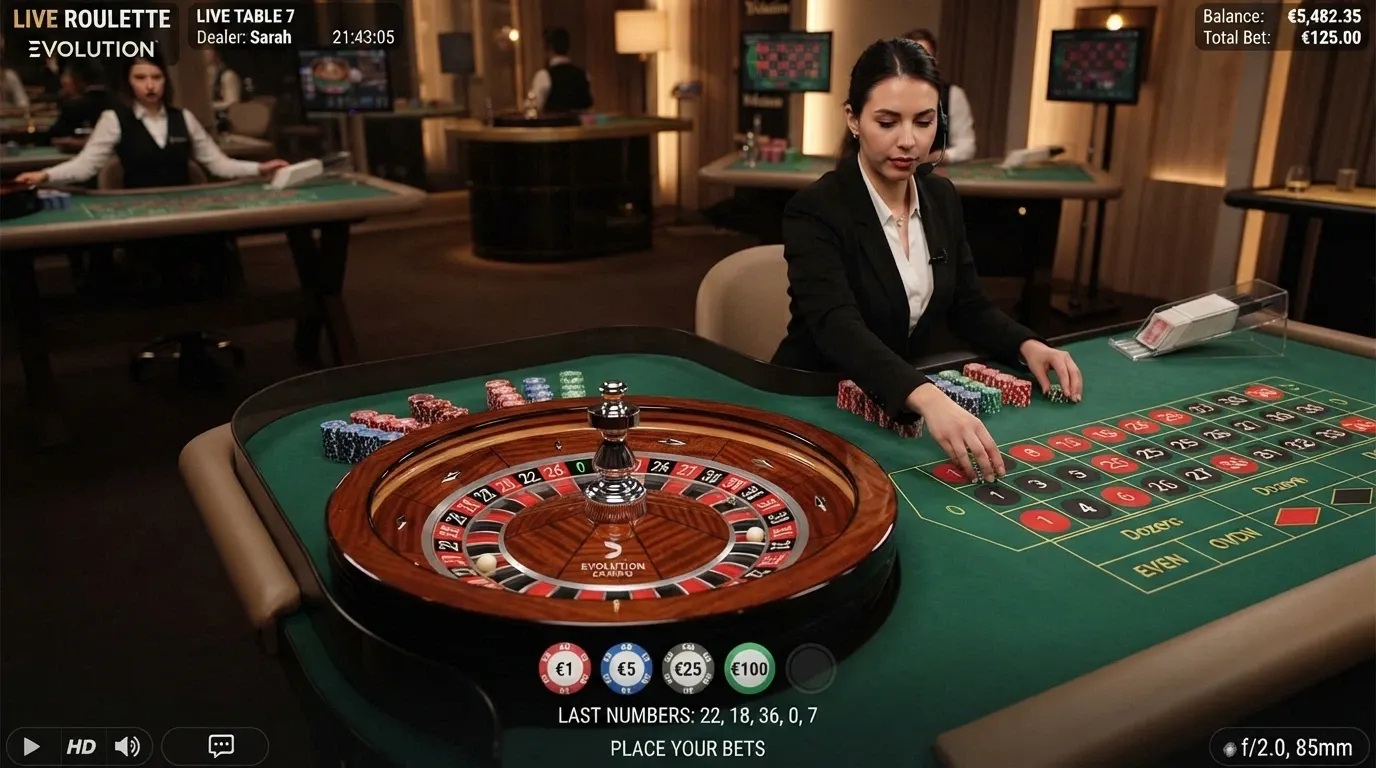 Tavolo di roulette live con croupier in streaming e interfaccia di gioco con le puntate visibili