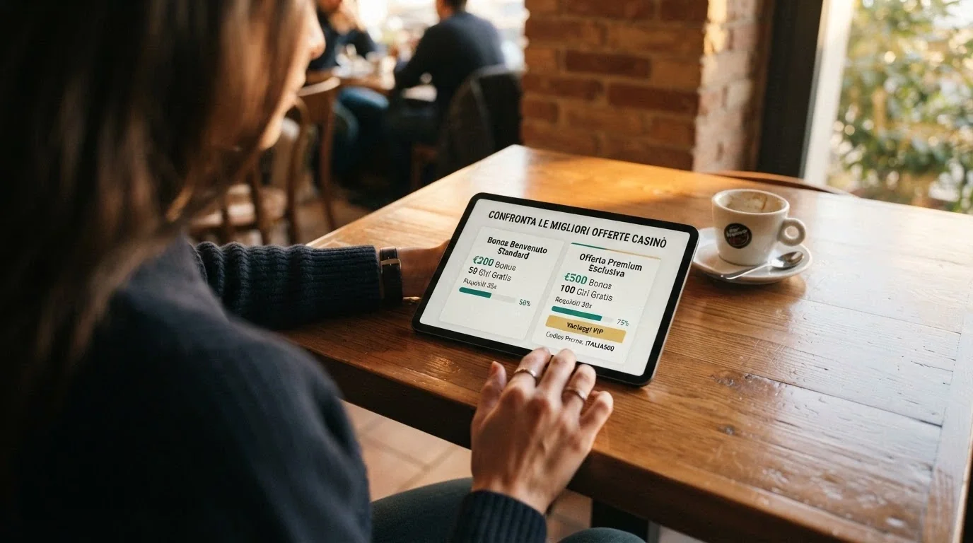 Giocatore che confronta offerte di bonus su un tablet con importi e condizioni in evidenza