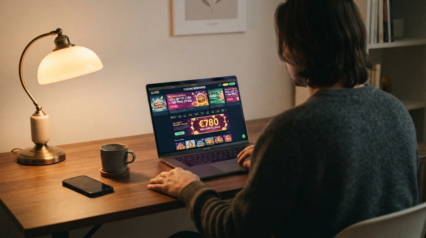 Giocatore davanti allo schermo nella scelta di un bonus casinò online