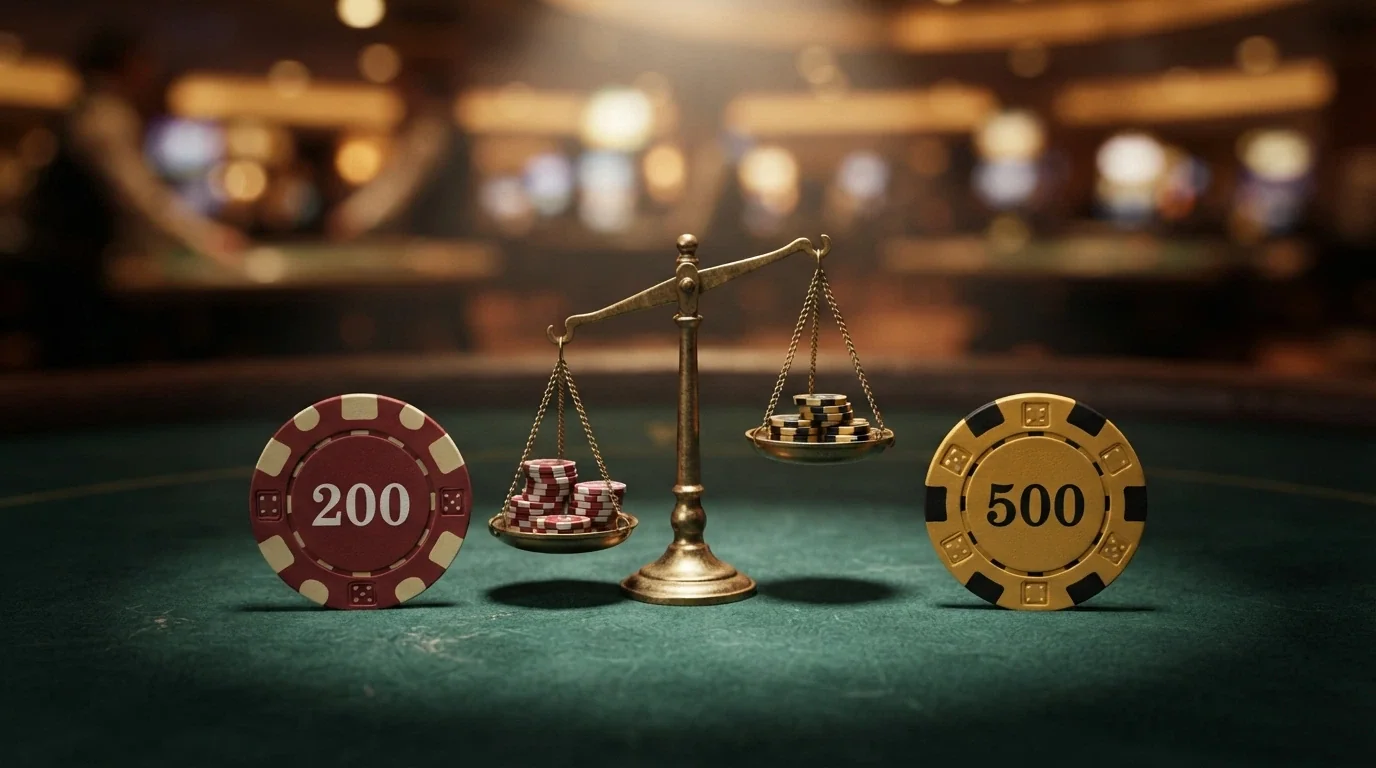 Due carte bonus affiancate con «200%» su una e «500%» sull'altra, e tra di esse una bilancia che pende verso la carta con il wagering più basso