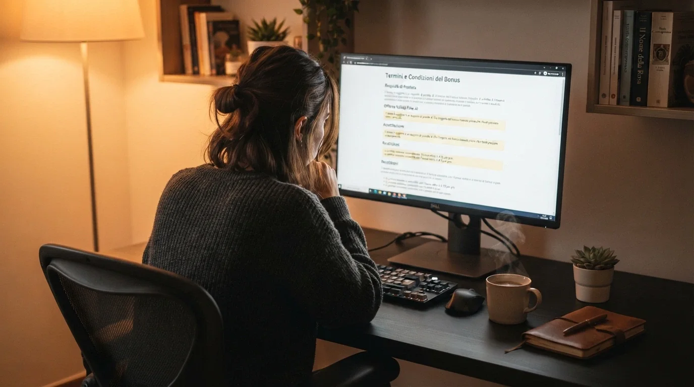 Un giocatore che legge con attenzione i termini di un bonus sul monitor, con una tazza di caffè accanto, in un ambiente domestico tranquillo — nessuna fretta, nessuna slot in esecuzione