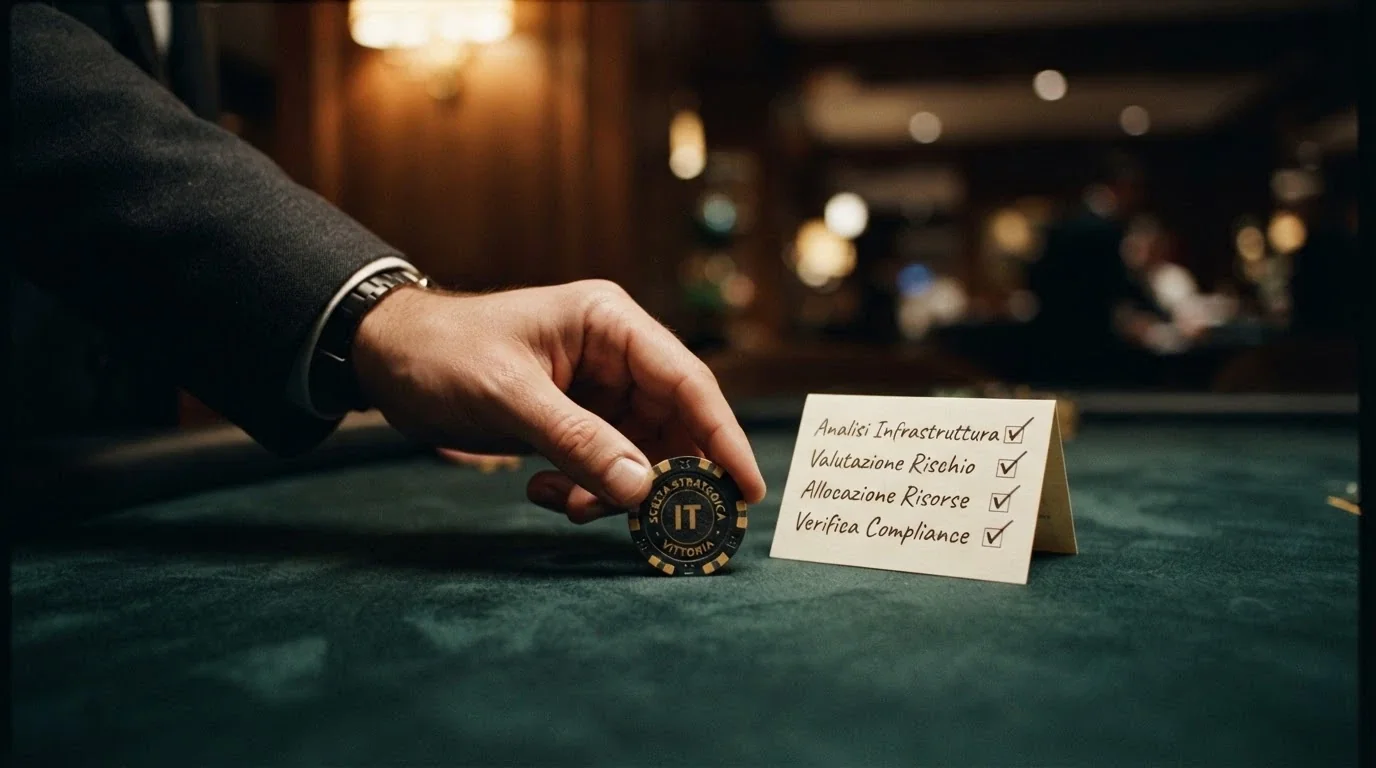Una mano che posa una carta da gioco sul tavolo con decisione, accanto a una lista di controllo con voci spuntate: licenza, RUA, wagering, limiti