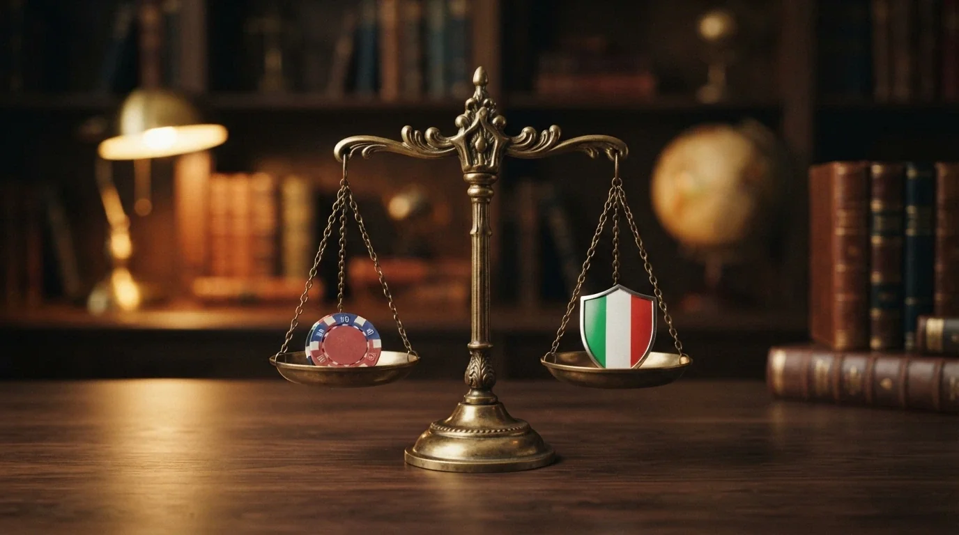 Una bilancia che pesa da un lato il simbolo del granchio (divertimento) e dall'altro uno scudo con il tricolore (tutele ADM), con il piatto in equilibrio