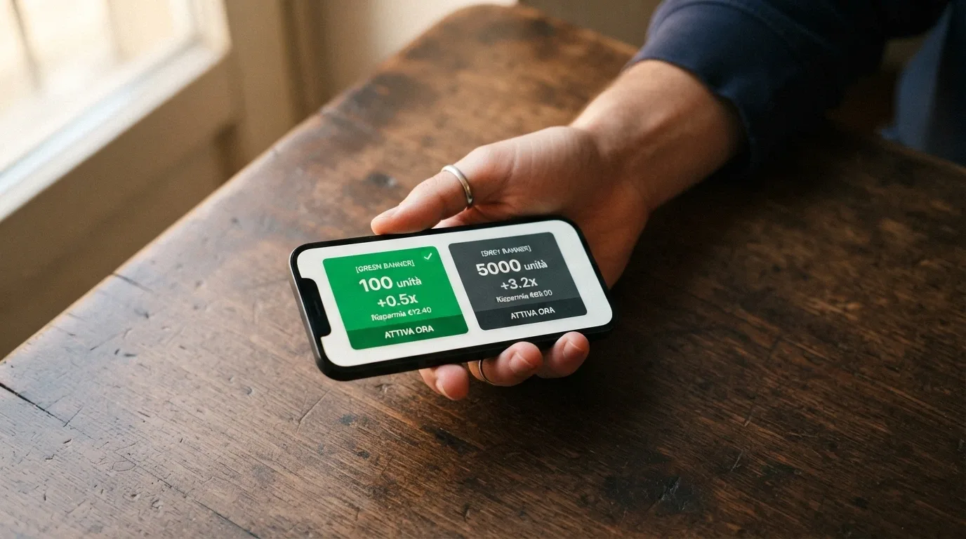Un primo piano di una mano che scorre su uno smartphone confrontando due offerte di giri gratis, con numeri di wagering e cap in evidenza sullo schermo