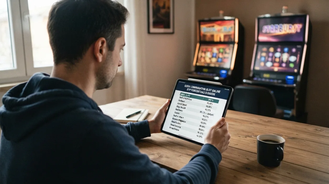 Un giocatore consulta una guida comparativa su un tablet con slot machine in secondo piano