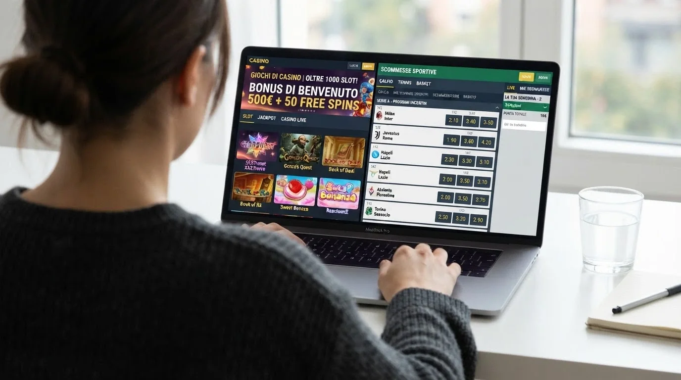 Una schermata divisa a metà: a sinistra la lobby di un casinò online ADM, a destra la sezione scommesse sportive dello stesso operatore, con le rispettive offerte promozionali