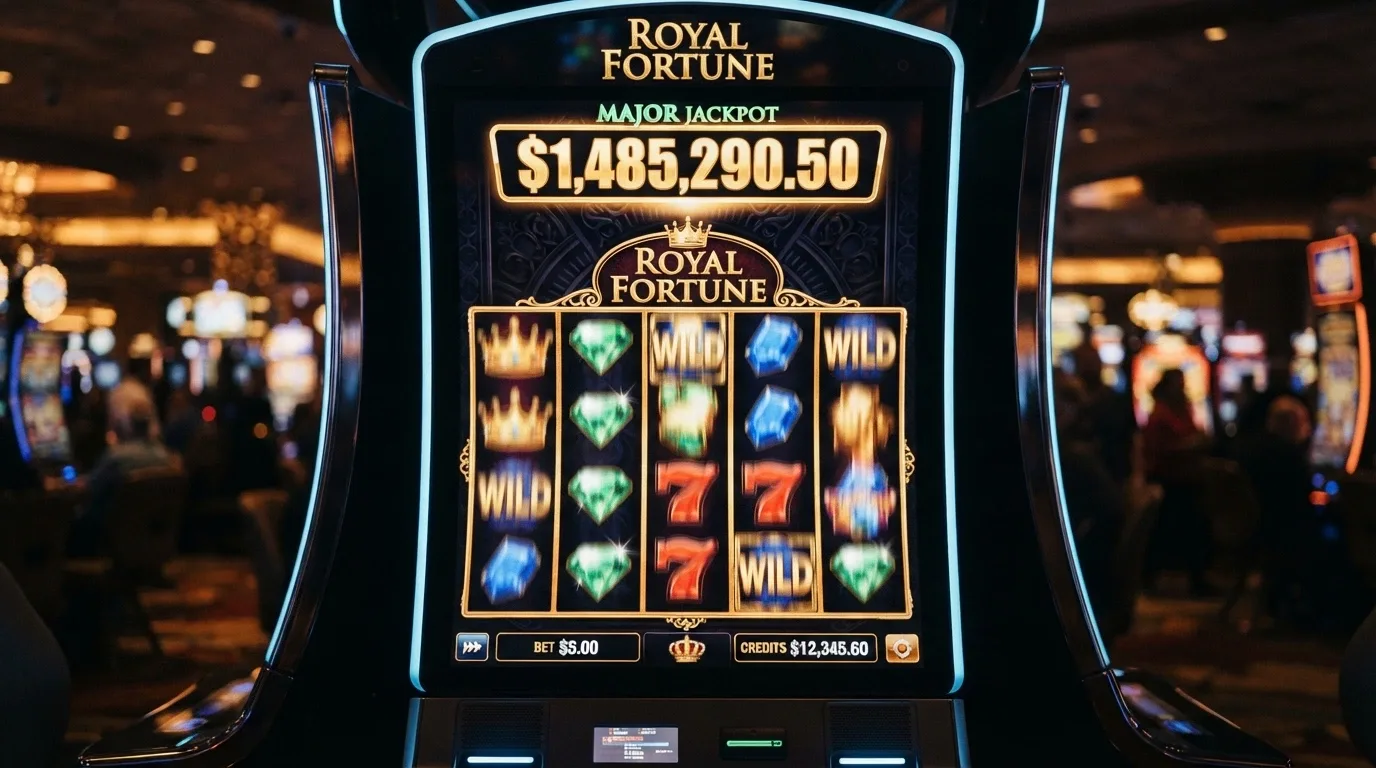 Una slot machine online con rulli in movimento, simboli premium e un contatore jackpot progressivo visibile in alto