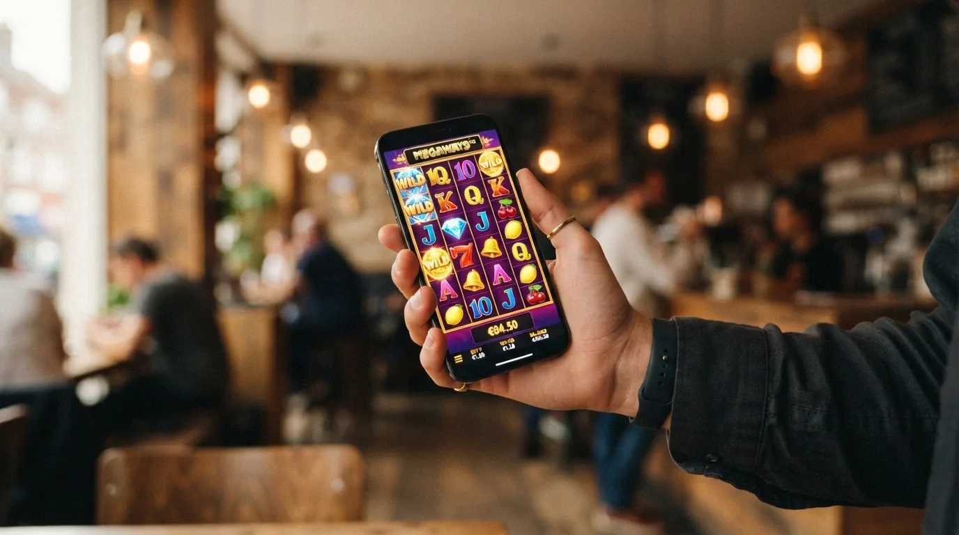 Mano che tiene uno smartphone con una slot Big Time Gaming in esecuzione, lo schermo mostra la griglia Megaways perfettamente adattata