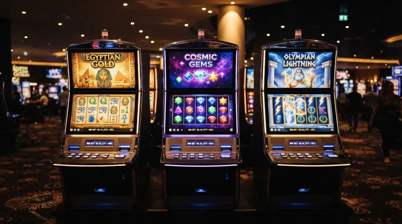 Tre slot machine popolari (Book of Dead, Starburst, Gates of Olympus) affiancate con l'indicazione della puntata minima e della RTP