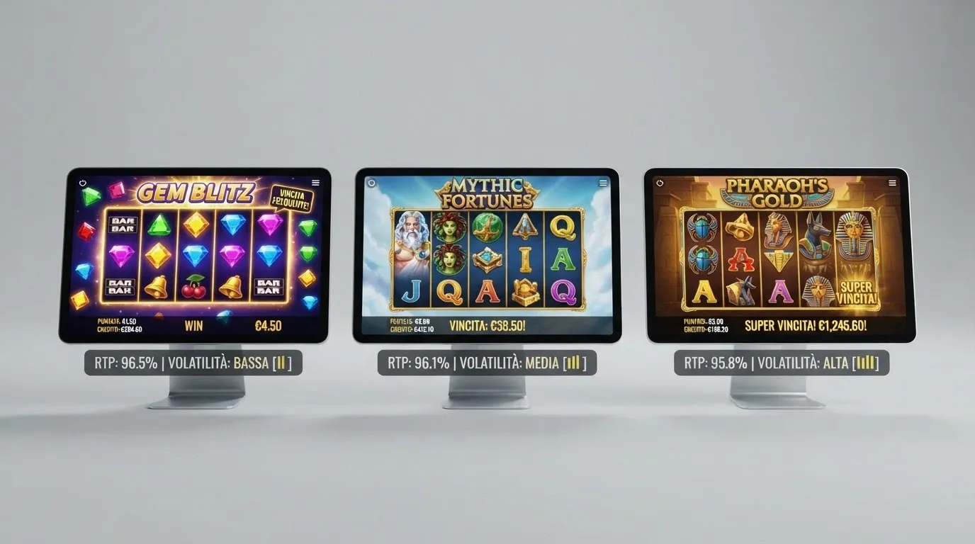 Tre slot machine online affiancate con indicatori di RTP e volatilità in evidenza