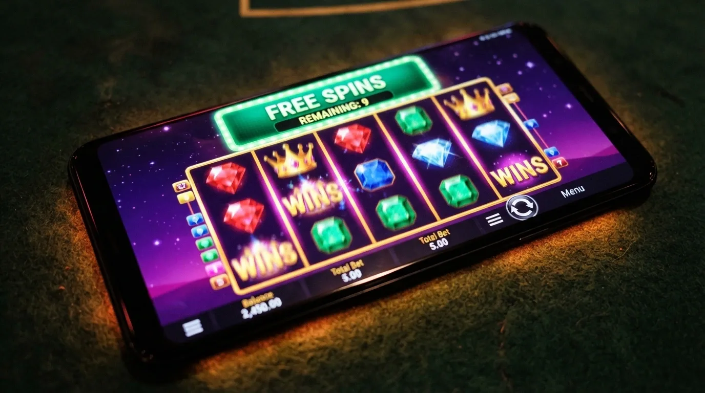Rulli di una slot online con simboli e l'indicatore di giri gratis attivi