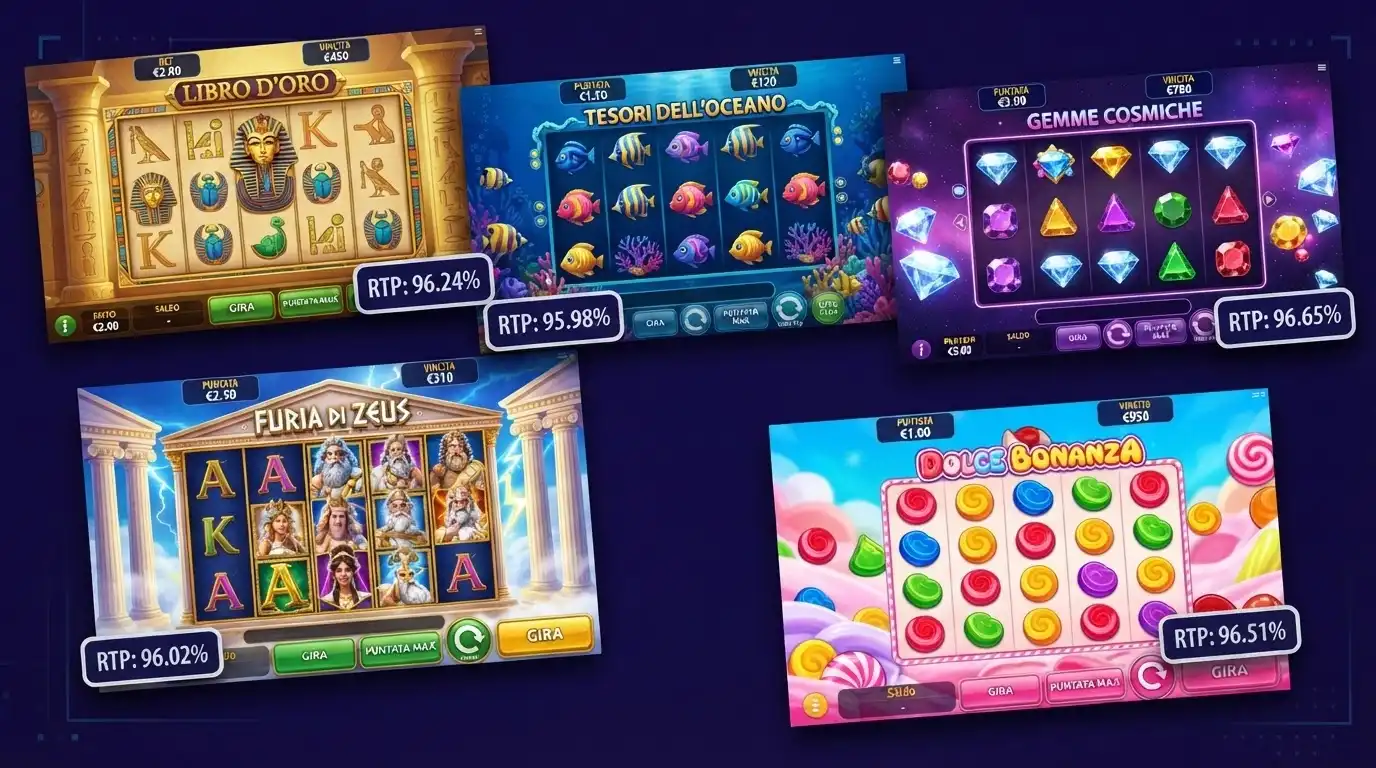 Un collage di schermate delle cinque slot con RTP verificato (Book of Dead, Starburst, Big Bass Bonanza, Gates of Olympus, Sweet Bonanza) con il valore RTP in evidenza su ciascuna