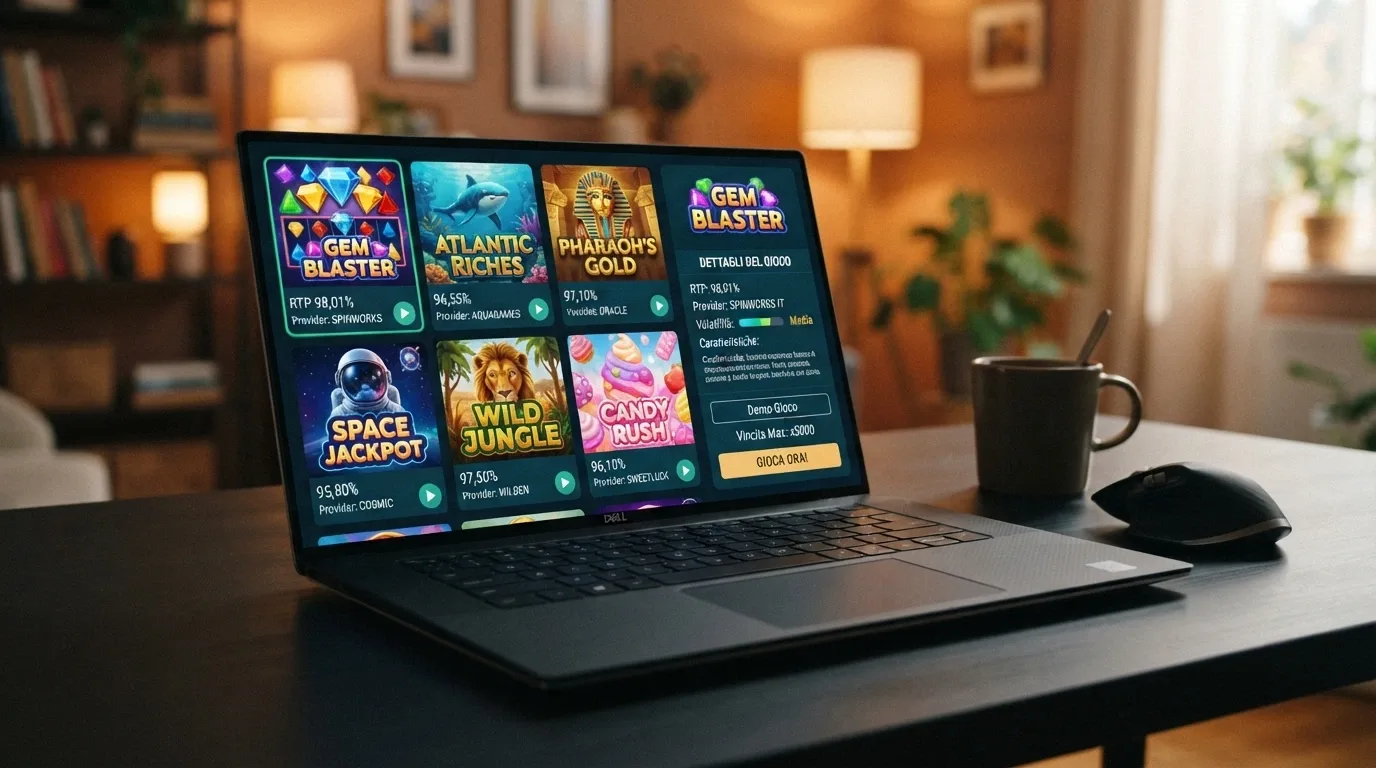 Griglia di slot machine in modalità demo con il pannello informativo che mostra RTP, provider e volatilità