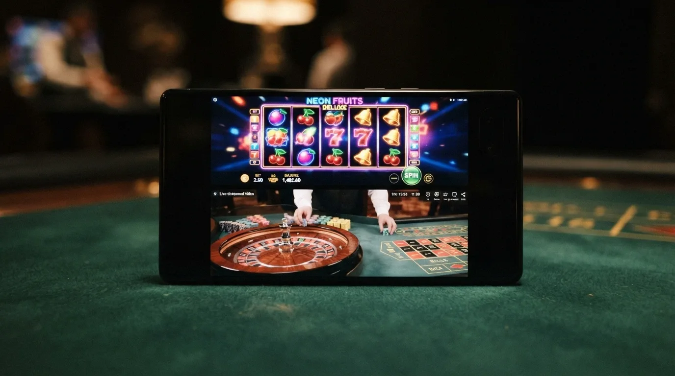 Uno smartphone in orizzontale con una slot machine colorata in esecuzione nella metà superiore e una finestra di roulette live col dealer in streaming nella metà inferiore