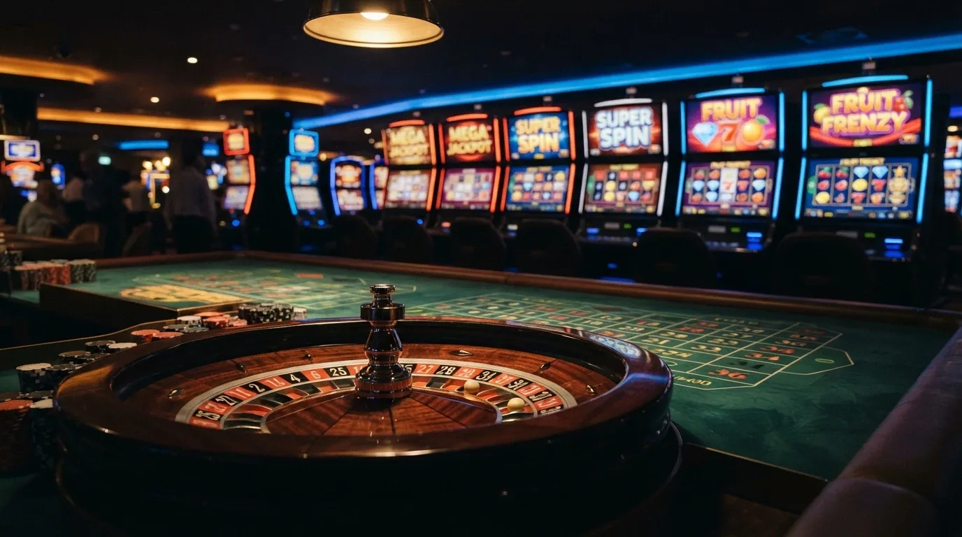 Una griglia di slot machine colorate in stile casinò, con un tavolo da live roulette in primo piano e il logo di un provider internazionale come Pragmatic Play