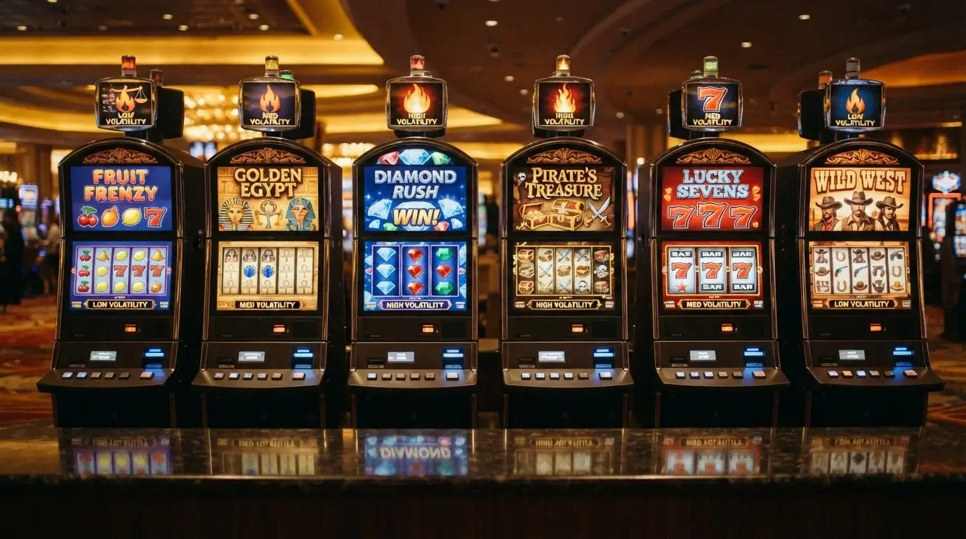 Un mosaico di sei slot machine diverse affiancate, ciascuna con un'icona che rappresenta la sua volatilità (fiamma alta, fiamma bassa, bilancia)