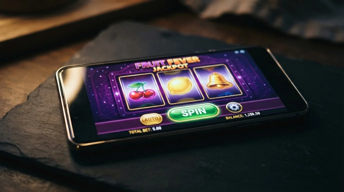 Uno schermo iPhone in orizzontale con i rulli di una slot machine colorata, interfacciata touch e pulsanti in evidenza