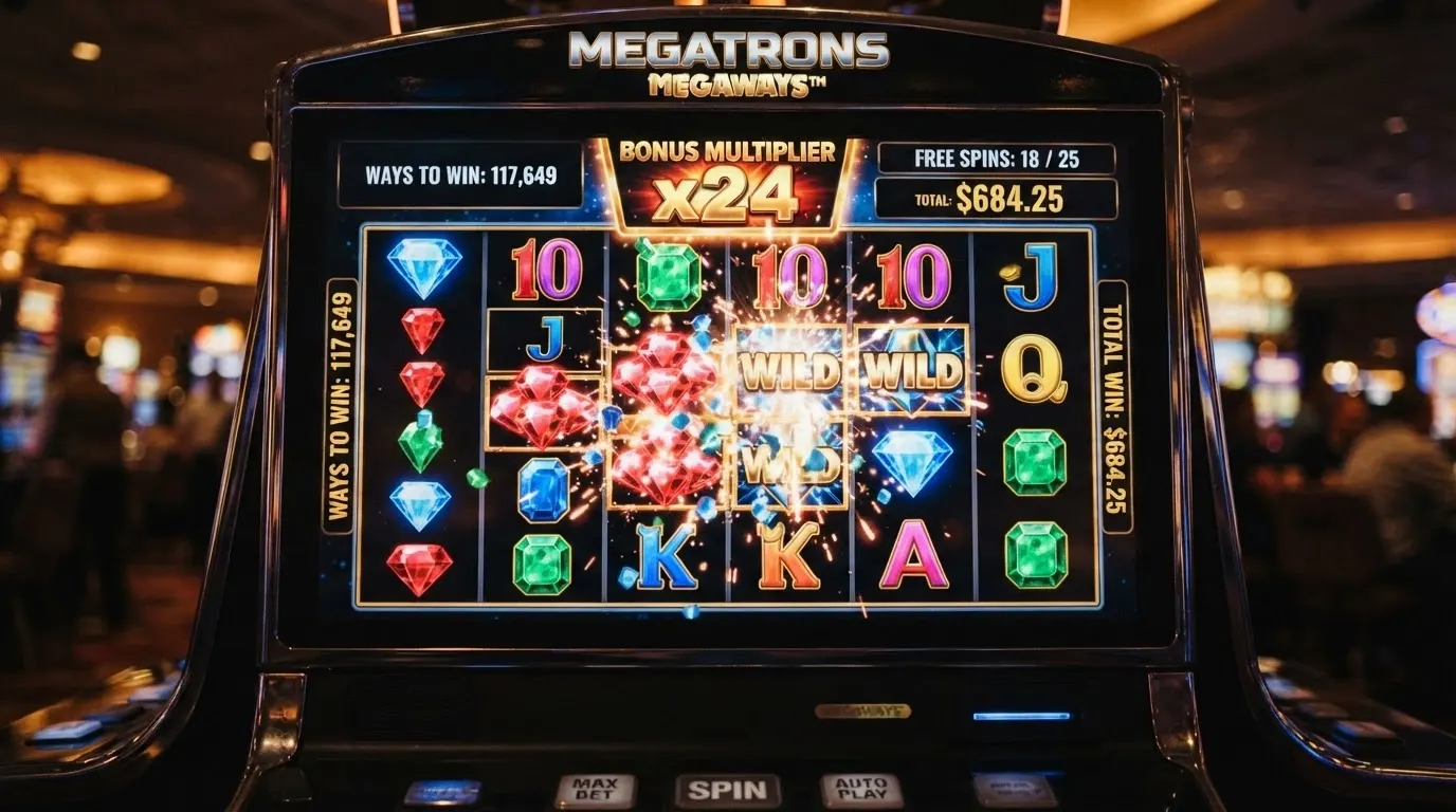 Schermata di una slot machine Big Time Gaming con griglia Megaways variabile e moltiplicatore progressivo attivo durante i giri bonus