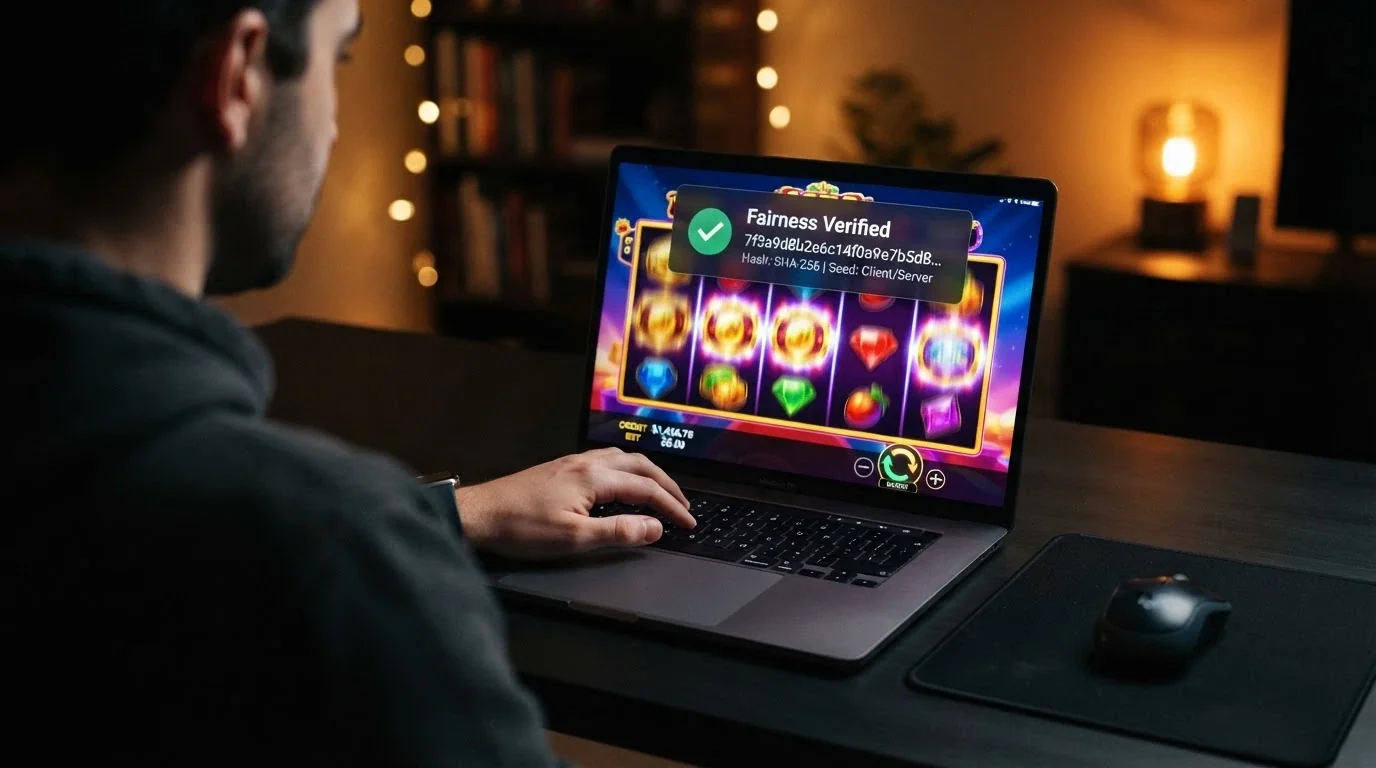 Schermata di una slot machine online con l'interfaccia di verifica provably fair aperta in sovrimpressione