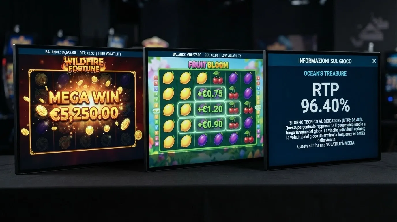 Tre schermate di slot affiancate (una a volatilità alta con vincita grossa isolata, una a volatilità bassa con vincite piccole frequenti, una con il pannello RTP in evidenza)