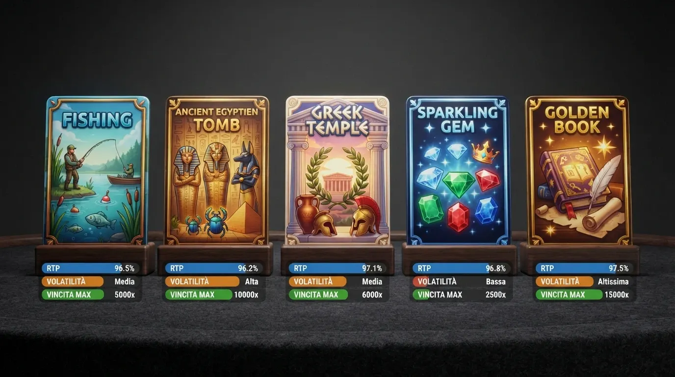 Cinque copertine di slot affiancate (Big Bass Bonanza, Book of Dead, Gates of Olympus, Starburst, Book of Ra Deluxe) con sotto ciascuna i tre dati chiave: RTP, volatilità, vincita massima