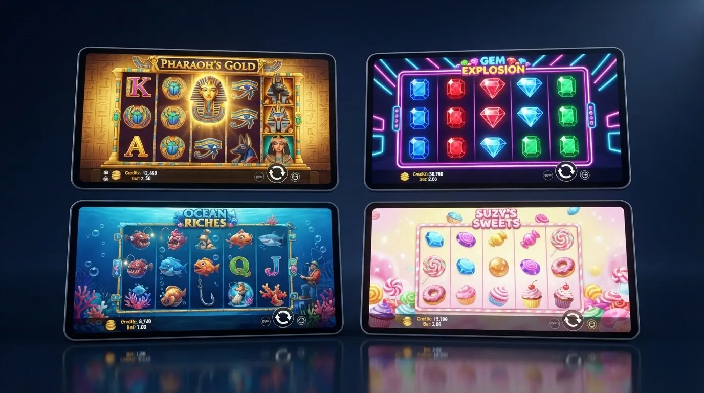 Una griglia di slot machine online con icone e titoli diversi (Book of Ra, Starburst, Big Bass Bonanza), ciascuna con il proprio tema grafico