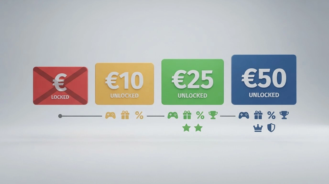 Quattro caselle di importo crescente — 1€ barrata in rosso, 5€ gialla, 10€ verde, 20€ blu — con l'elenco di ciò che ogni soglia sblocca